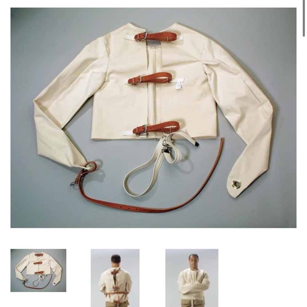 Cream Canvas Unisex Straight Jacket with leather straps and metal fittings